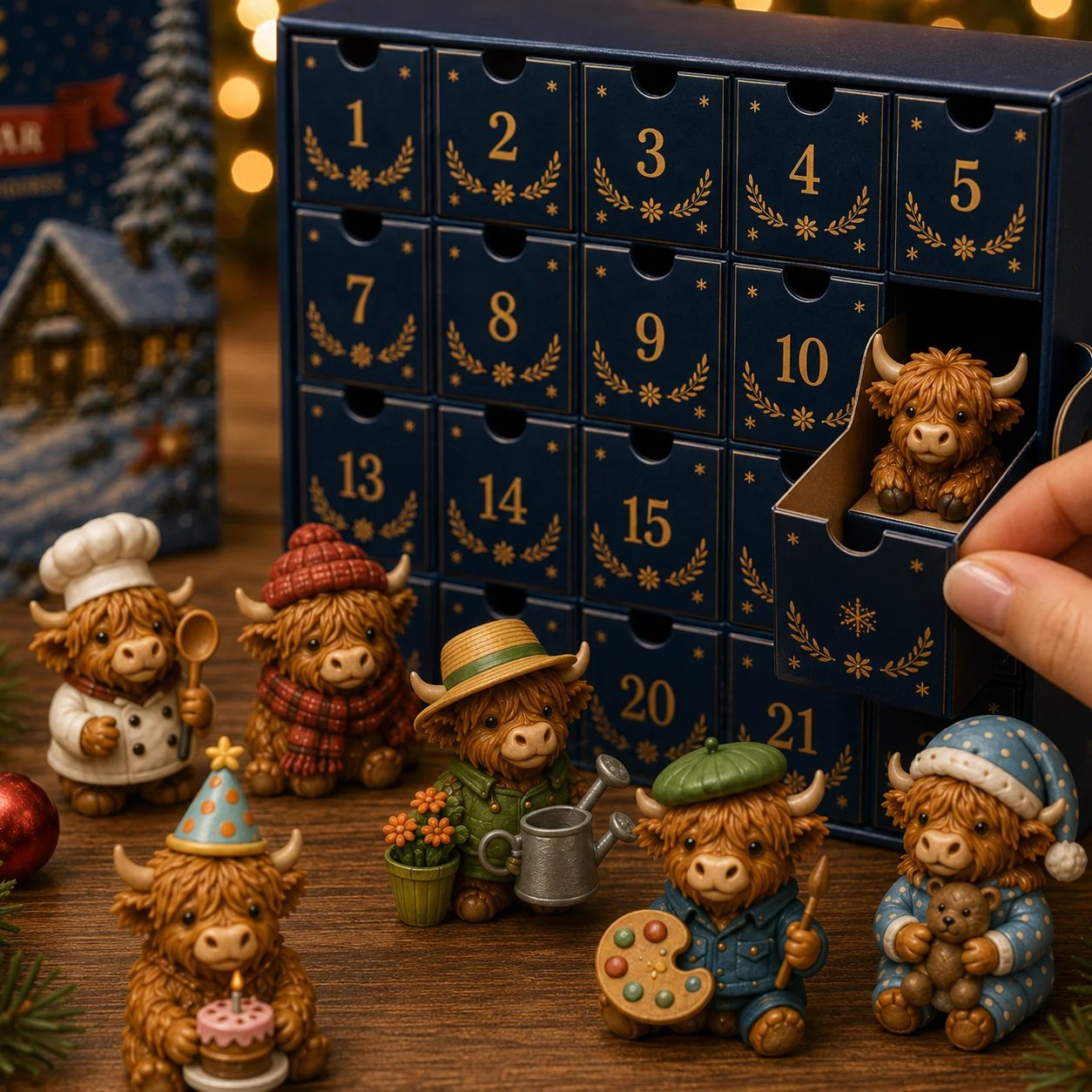 Family enjoying a Highland Cow Advent calendar during Christmas