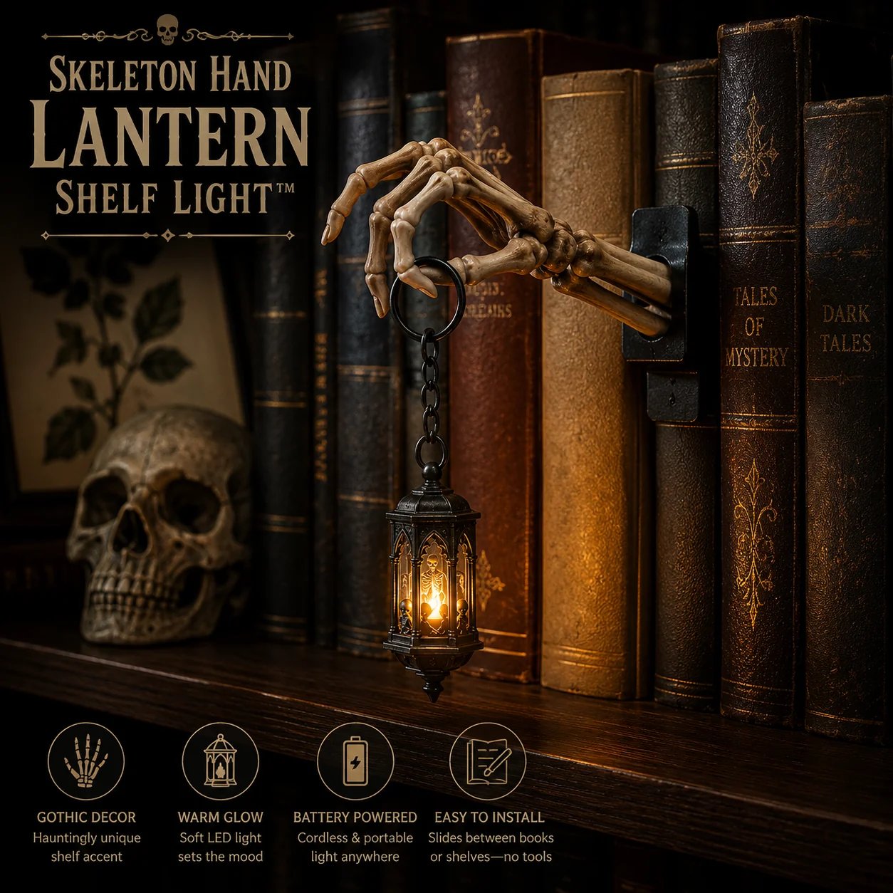 Skeleton Hand Lantern Shelf Light displayed between gothic books