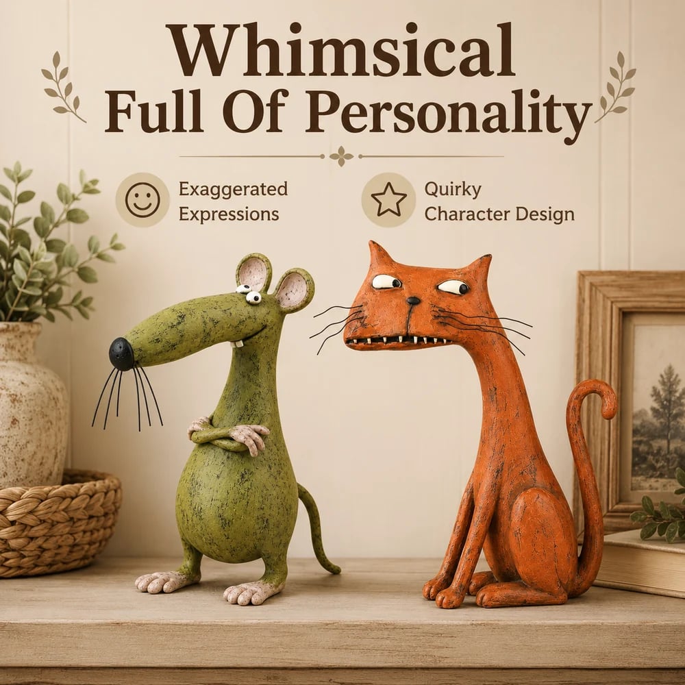 Vintage animal figurines styled on a warm wooden shelf