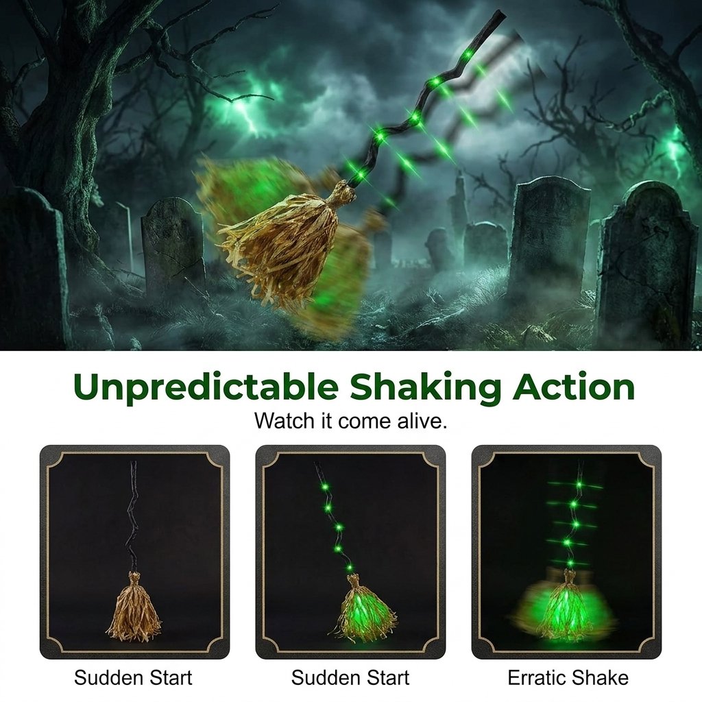 Animated witch broom unpredictable shaking action