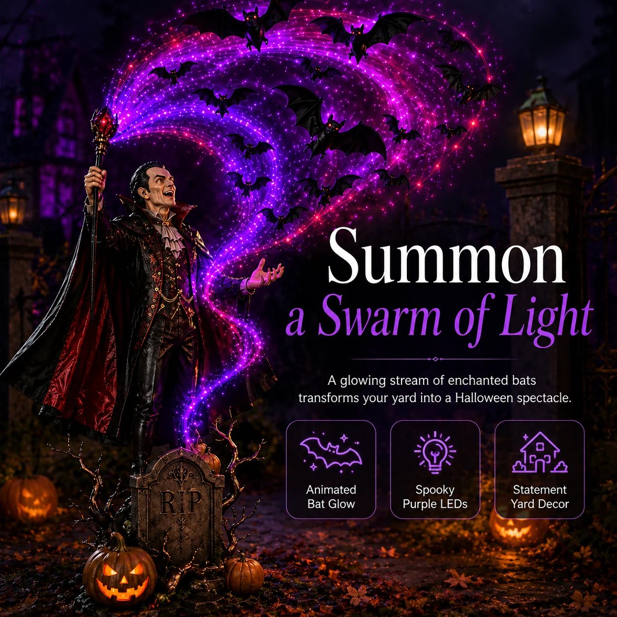 Vampire Halloween garden decoration glowing at night