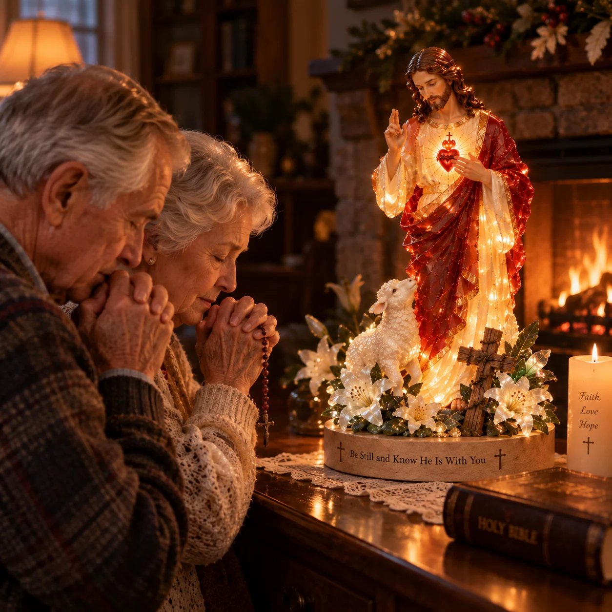 Jesus and lamb lighted statue displayed as faith decor