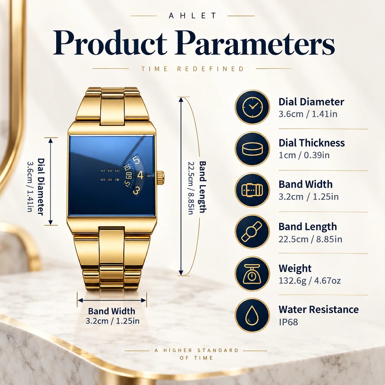 Gold and black finishes of the Ahlet square face watch with blue mirror dial