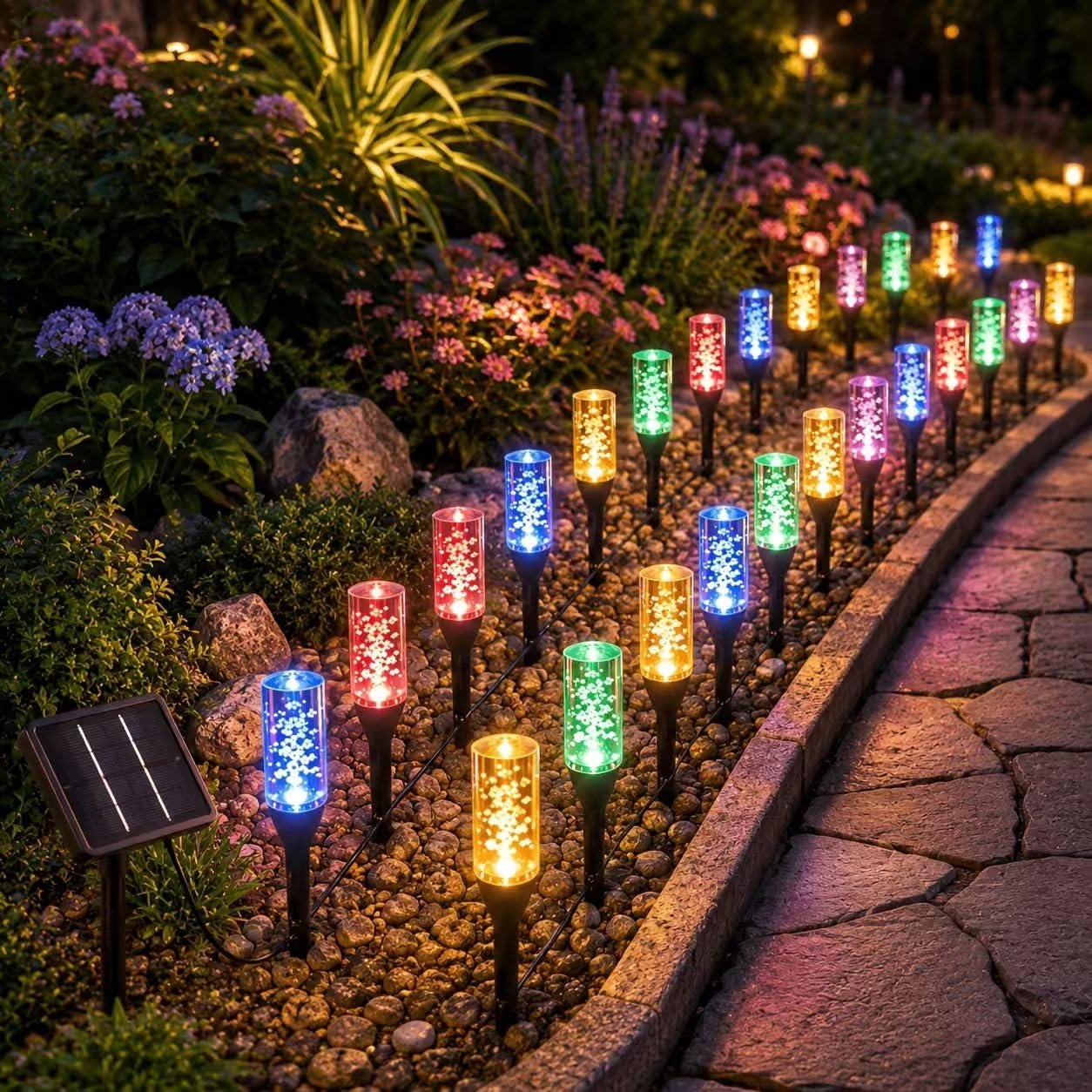 Solar pathway lights decorating a Halloween garden walkway