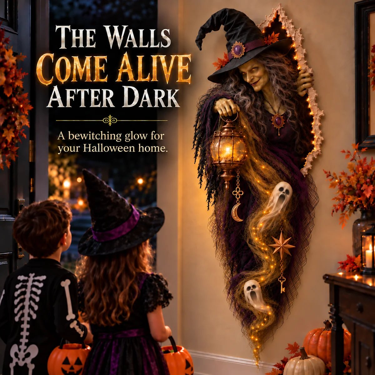 Enchanted Witch Wall Light displayed in a Halloween entryway