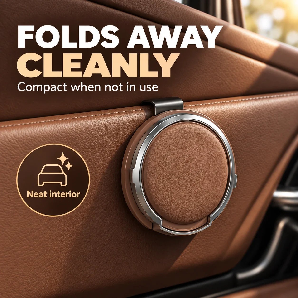 Folded car door cup holder hanging from trim seam