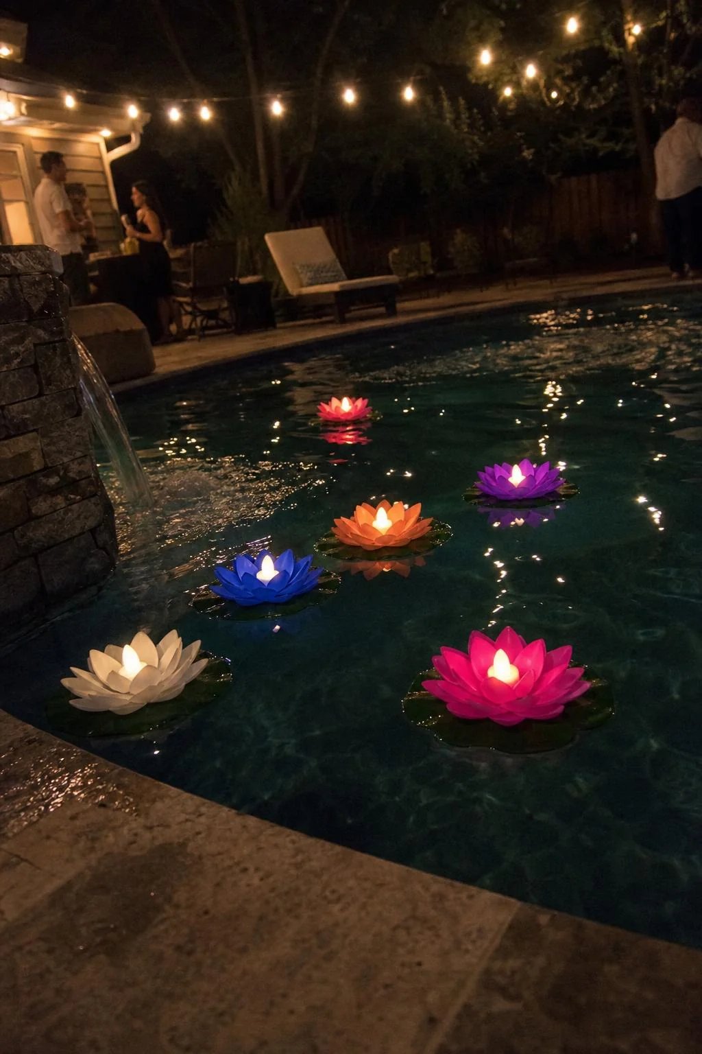 Floating Lotus Lights in Backyard Pool