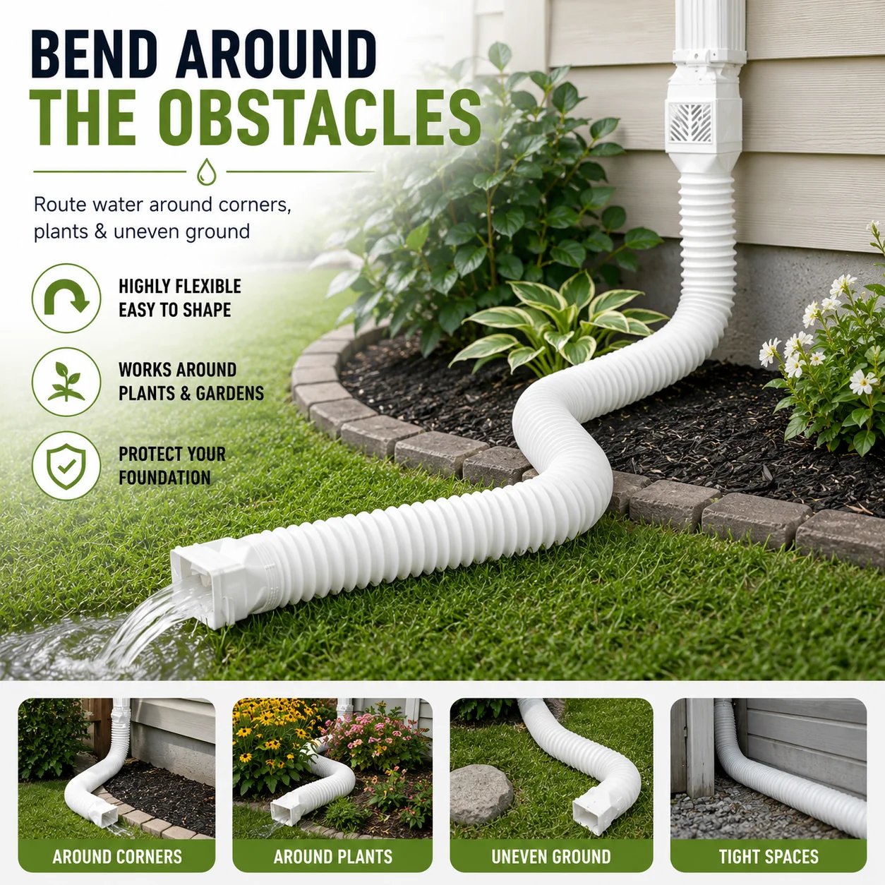 Flexible pipe routed around landscaping