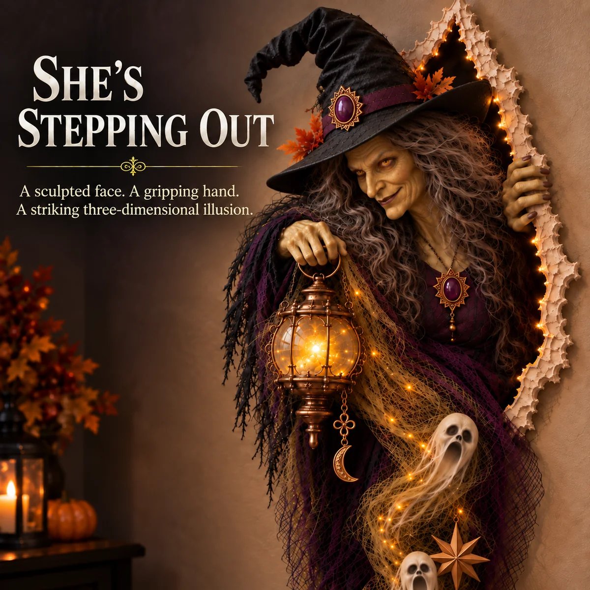 Close view of witch emerging from the wall