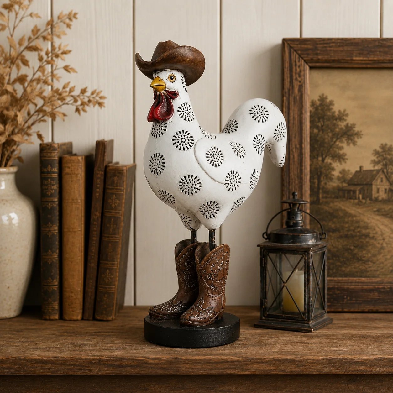 Western cowboy rooster farmhouse figurine