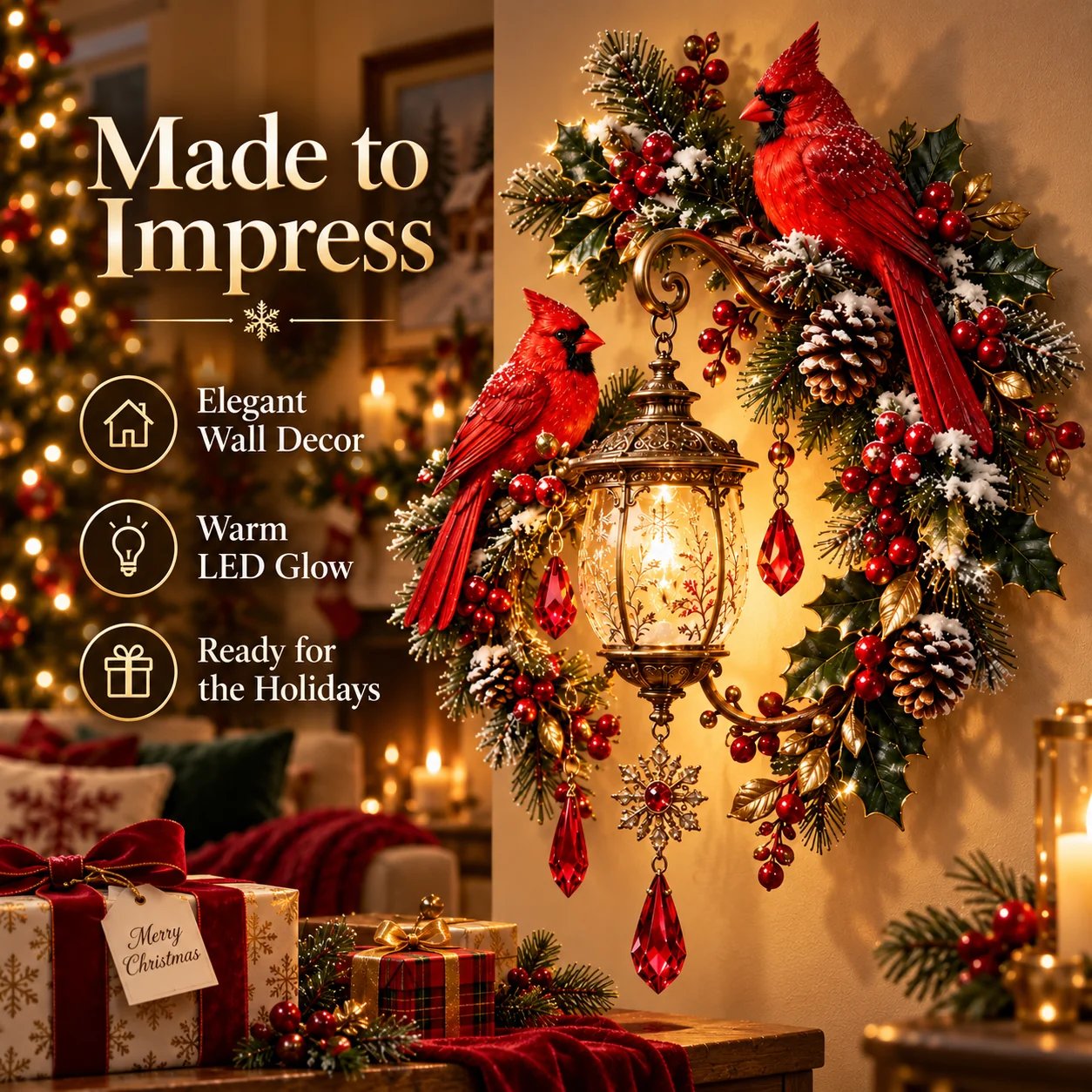 Cardinal Lantern Christmas wall decor glowing in a warm holiday entryway