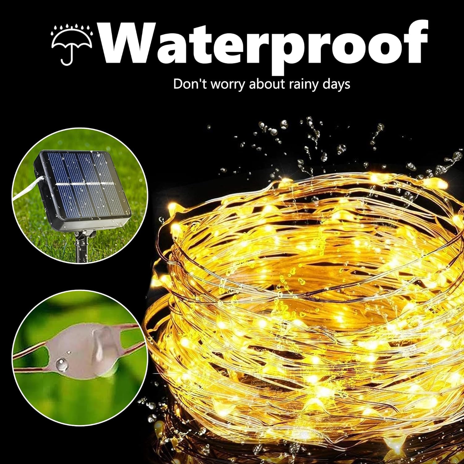 Weather-resistant solar string lights with water droplets