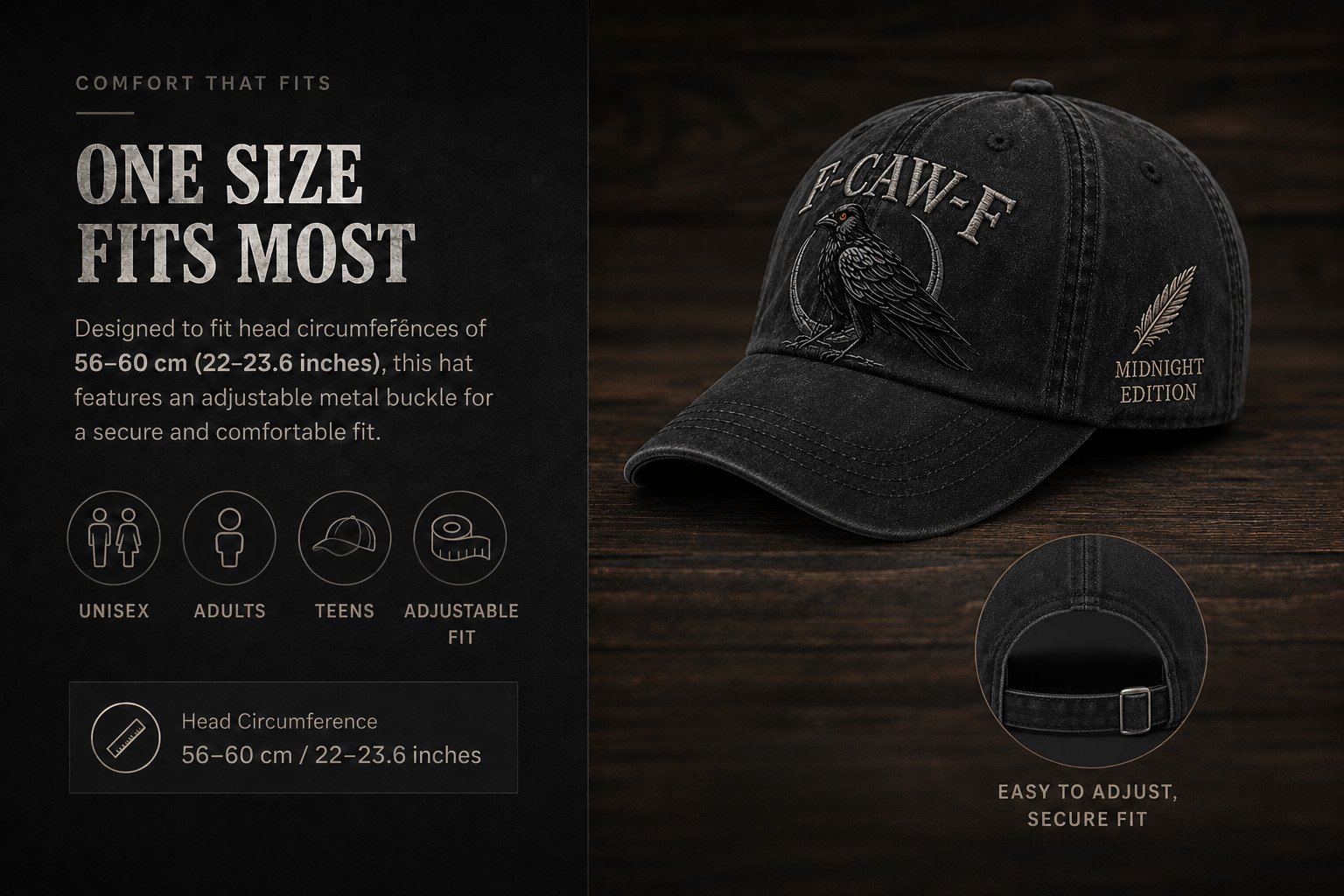 F-CAW-F Midnight Edition Raven Cap size and adjustable fit guide