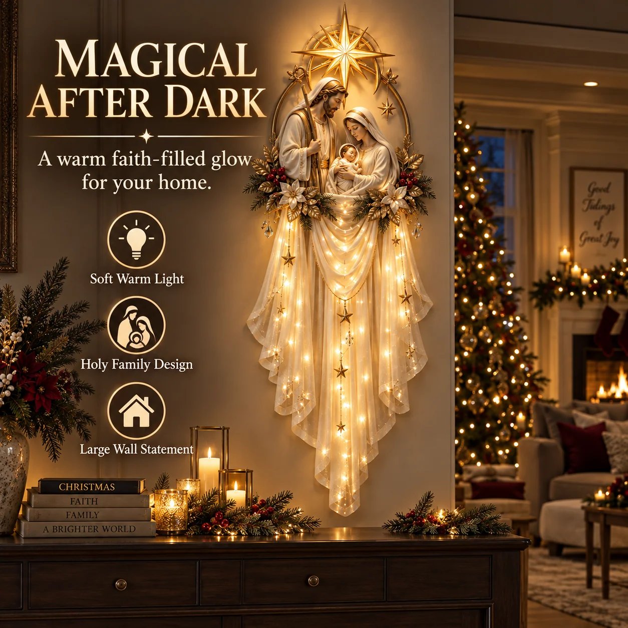 Holy Family Star Veil Cascade Lighted Nativity Christmas Wall Decor