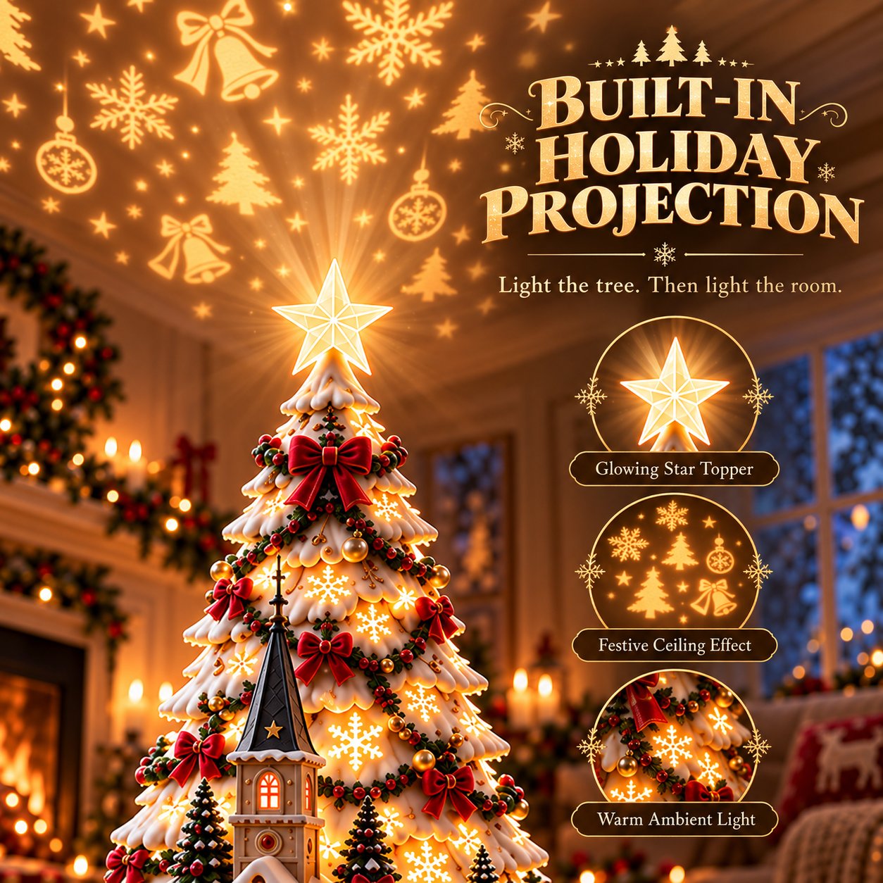 Built-in holiday projection lighting the room