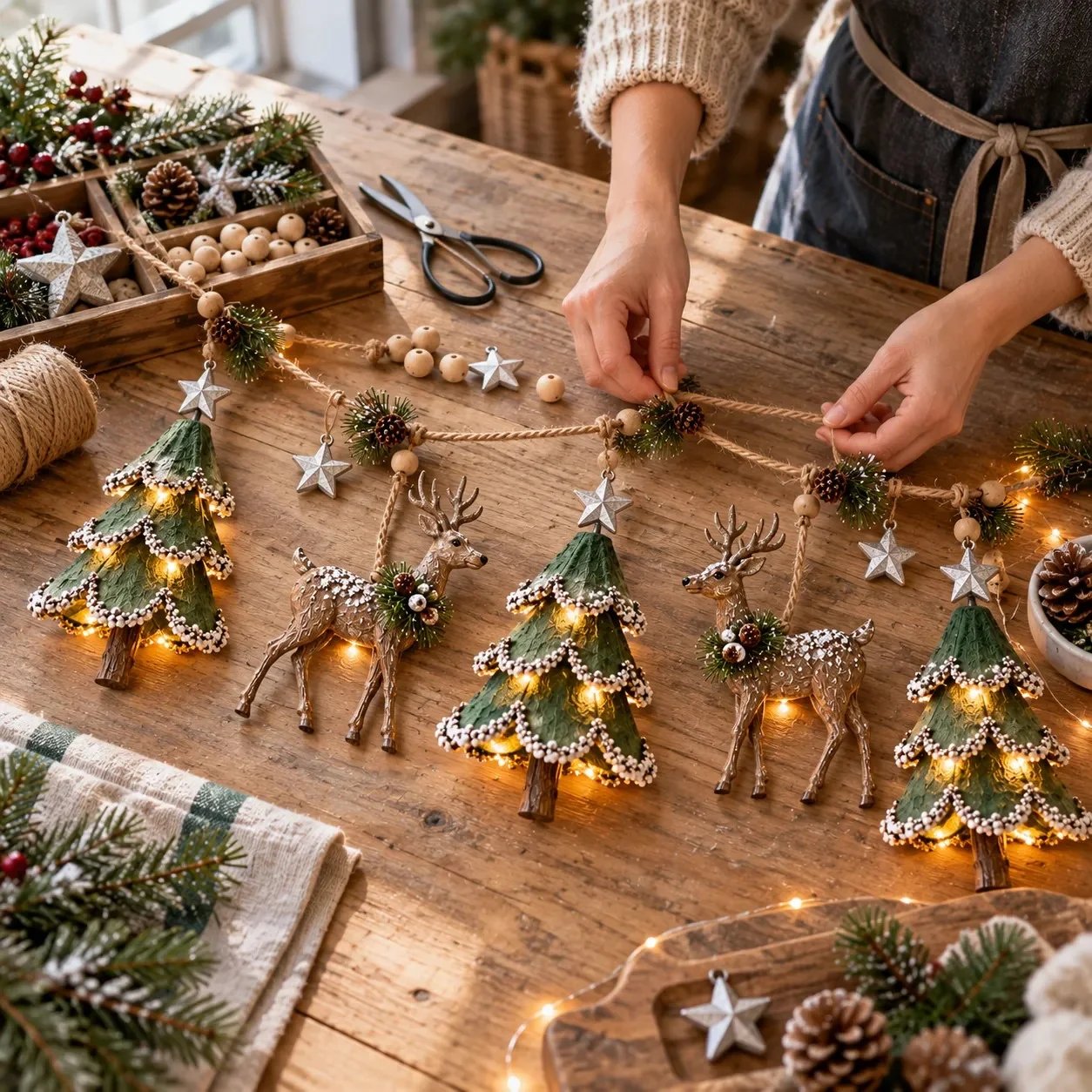 Hand assembling Christmas woodland garland