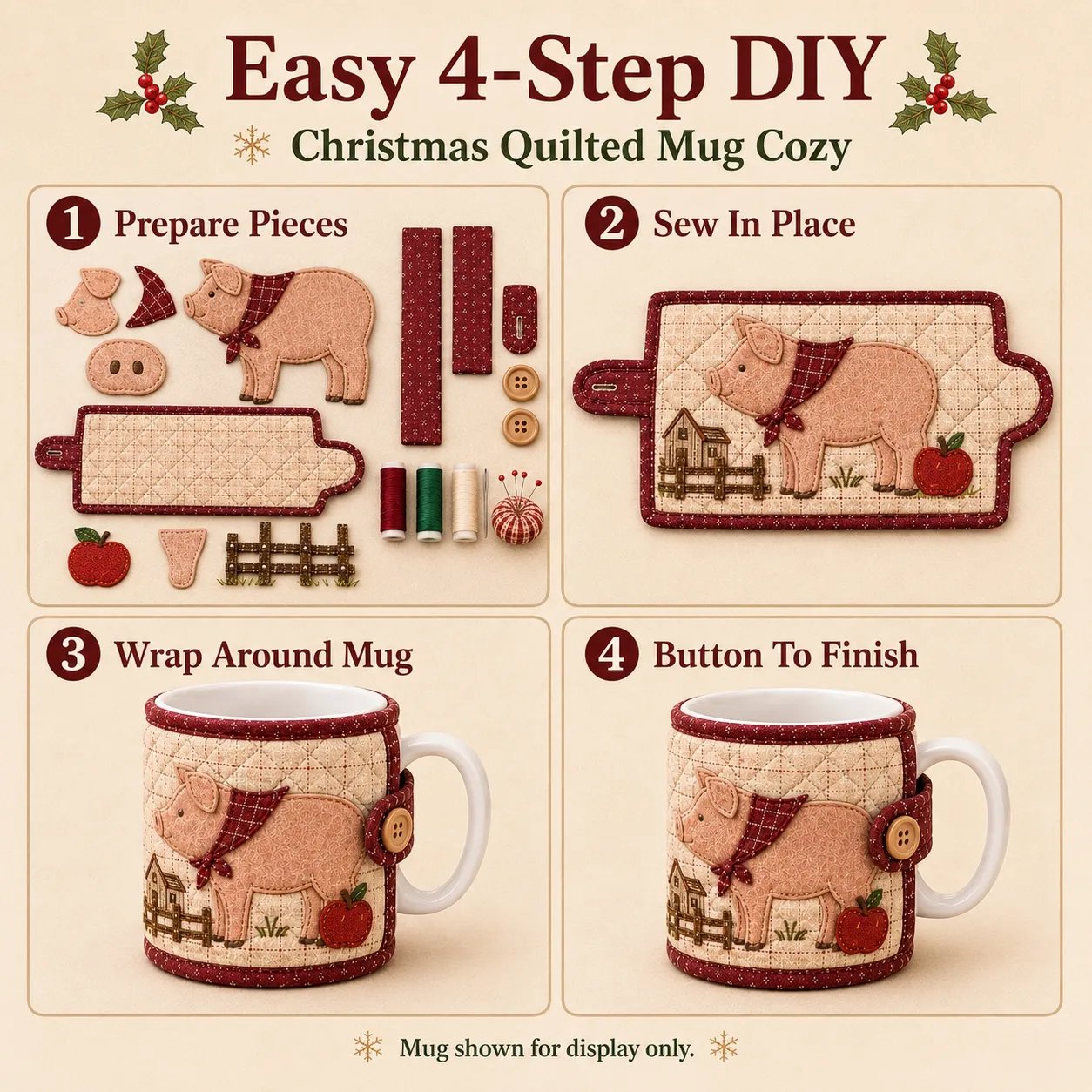 Four step farmhouse mug cozy sewing process