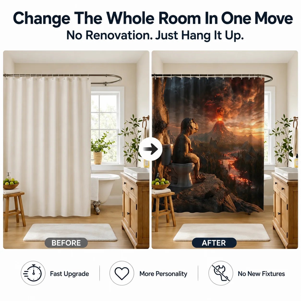 Before and after bathroom shower curtain transformation