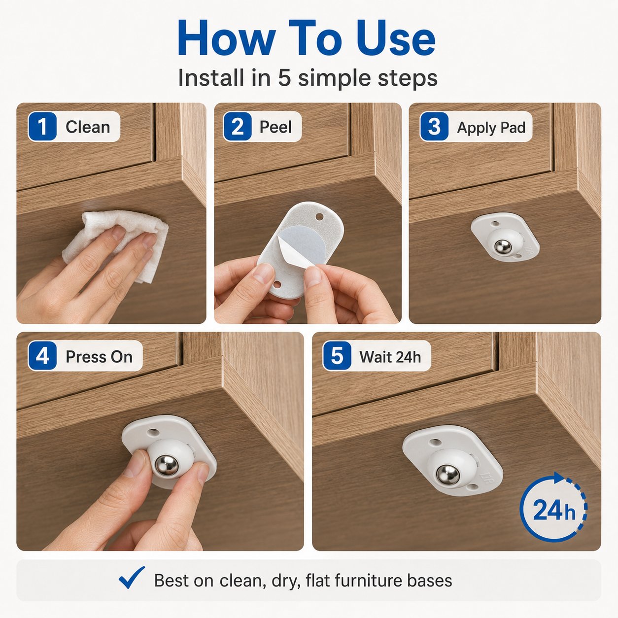 Five-step installation guide for adhesive mini caster wheels