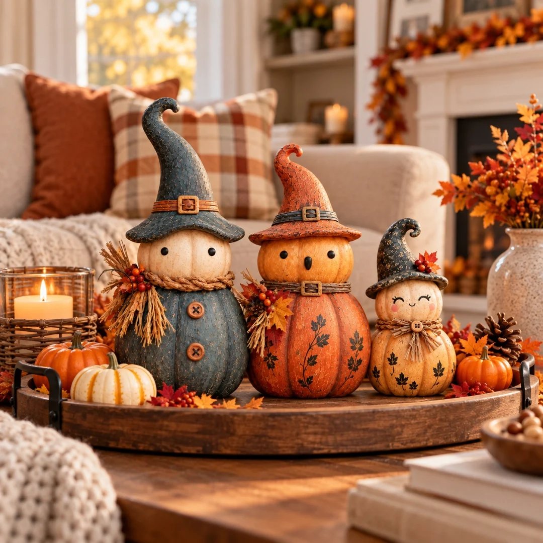 Pumpkin witch trio displayed on a cozy fall shelf