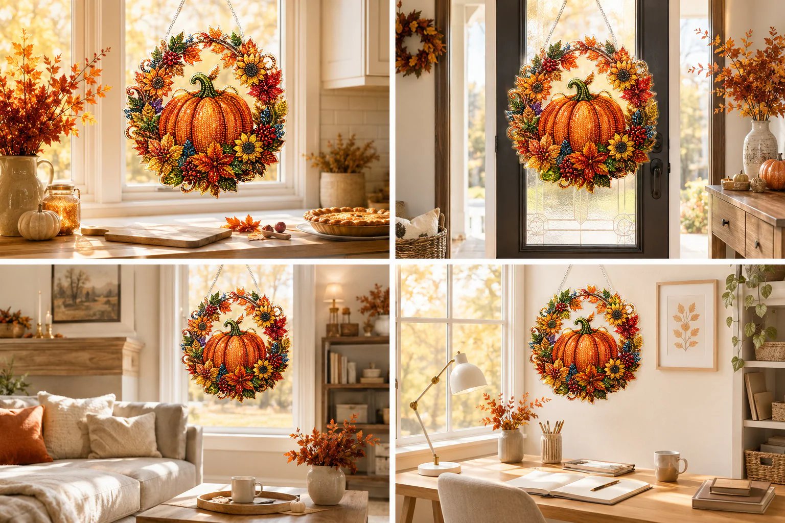 Lifestyle display of finished autumn diamond art ornament