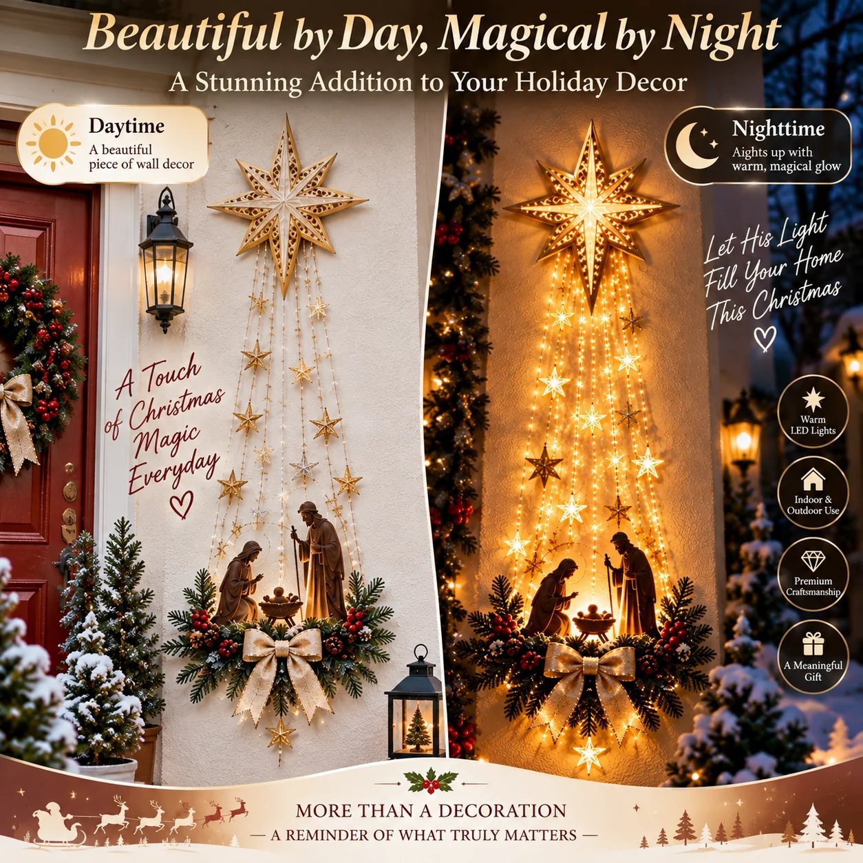 Bethlehem Star glowing above Holy Family Nativity