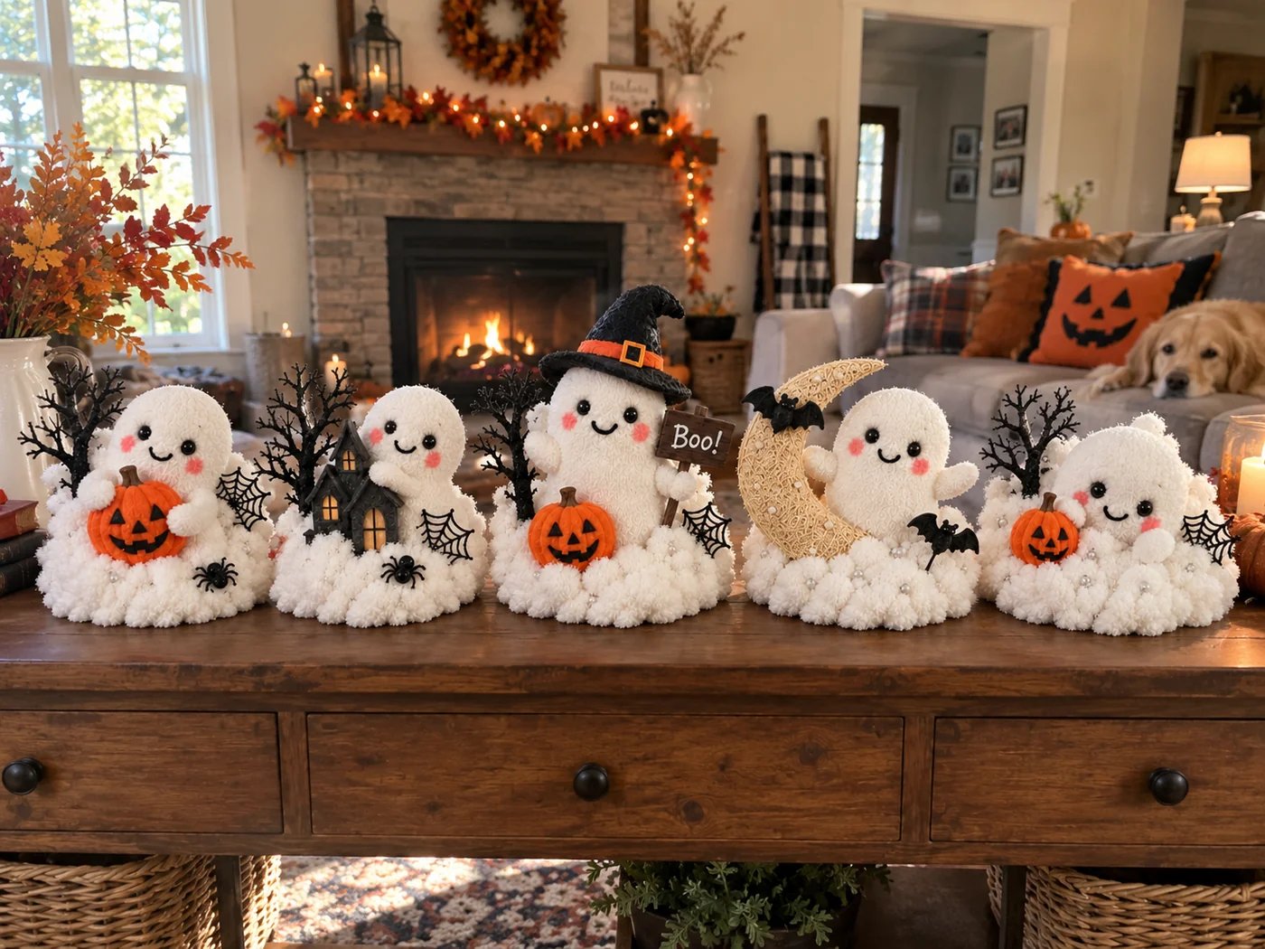 Halloween ghost set in cozy living room