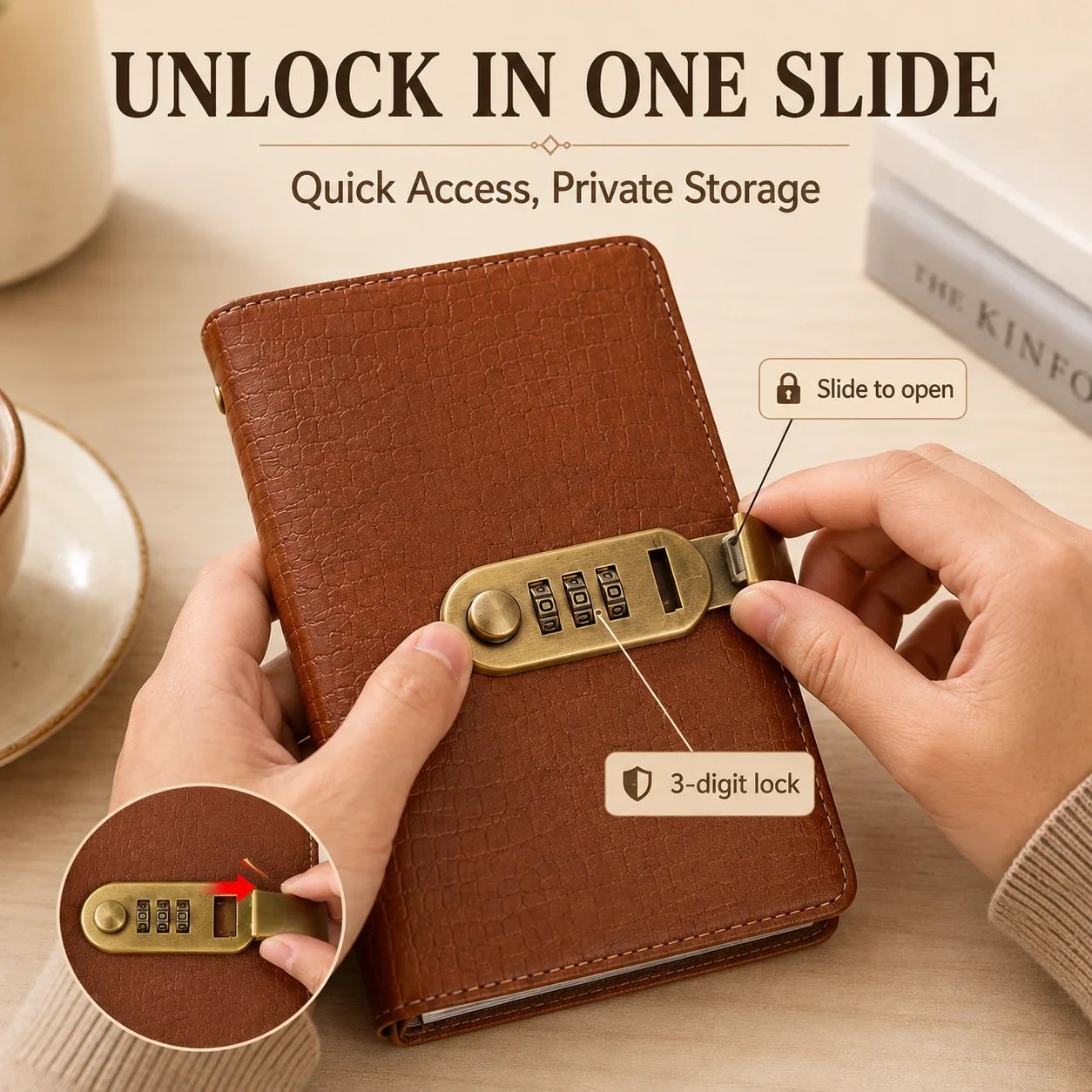 Sliding the combination lock to open the currency collection booklet