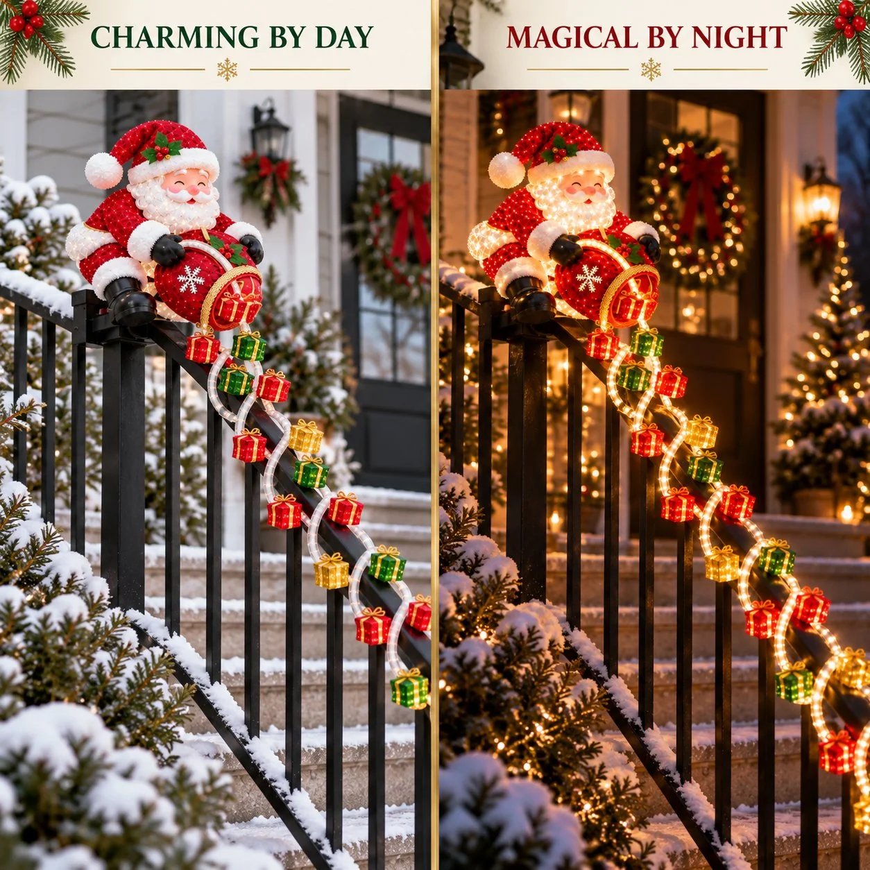 Santa gift cascade railing decor shown during daytime and glowing at night