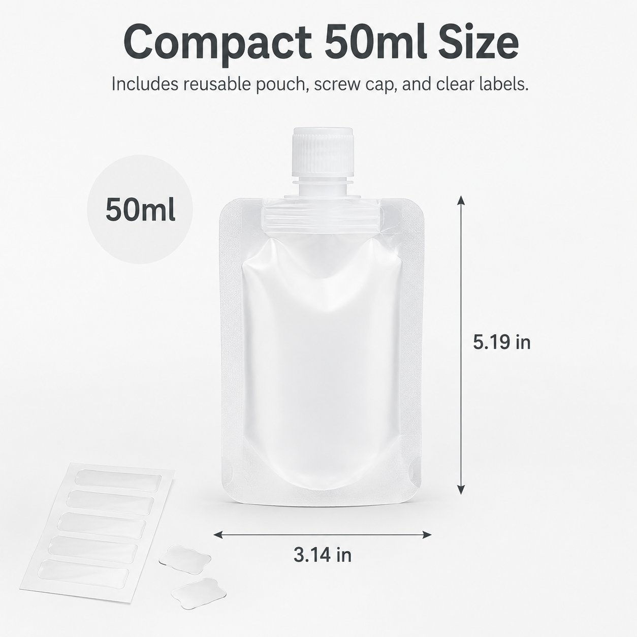50ml reusable travel pouch dimensions showing 5.19 inches high and 3.14 inches wide with clear labels