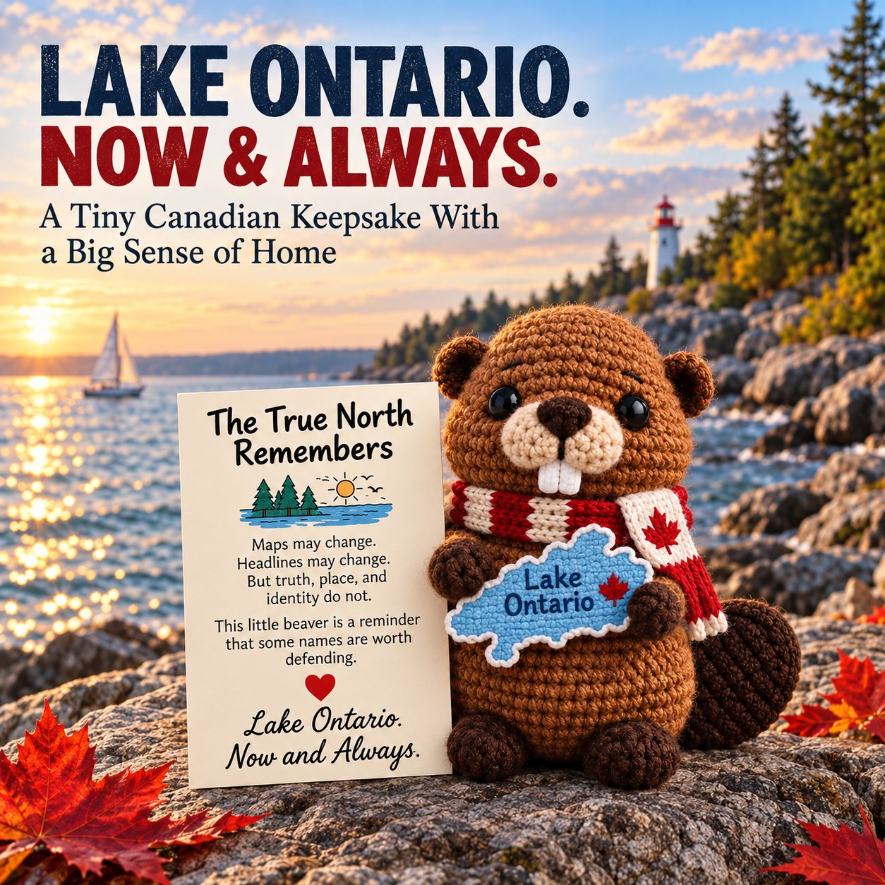 Lake Ontario emotional support beaver crochet keepsake beside the lake