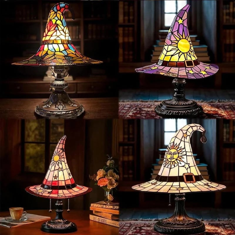 Soft warm glow of witch hat night light in bedroom