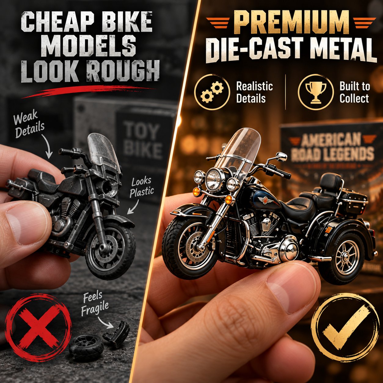 Motorcycle-themed promotional comparison artwork highlighting bike styling and design details