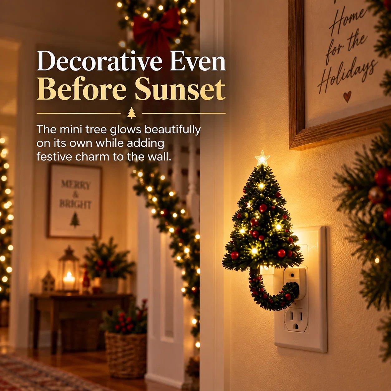 Decorative plug-in Christmas tree before sunset