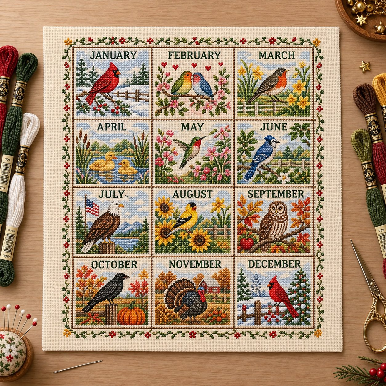 Birds Through the Year embroidery design