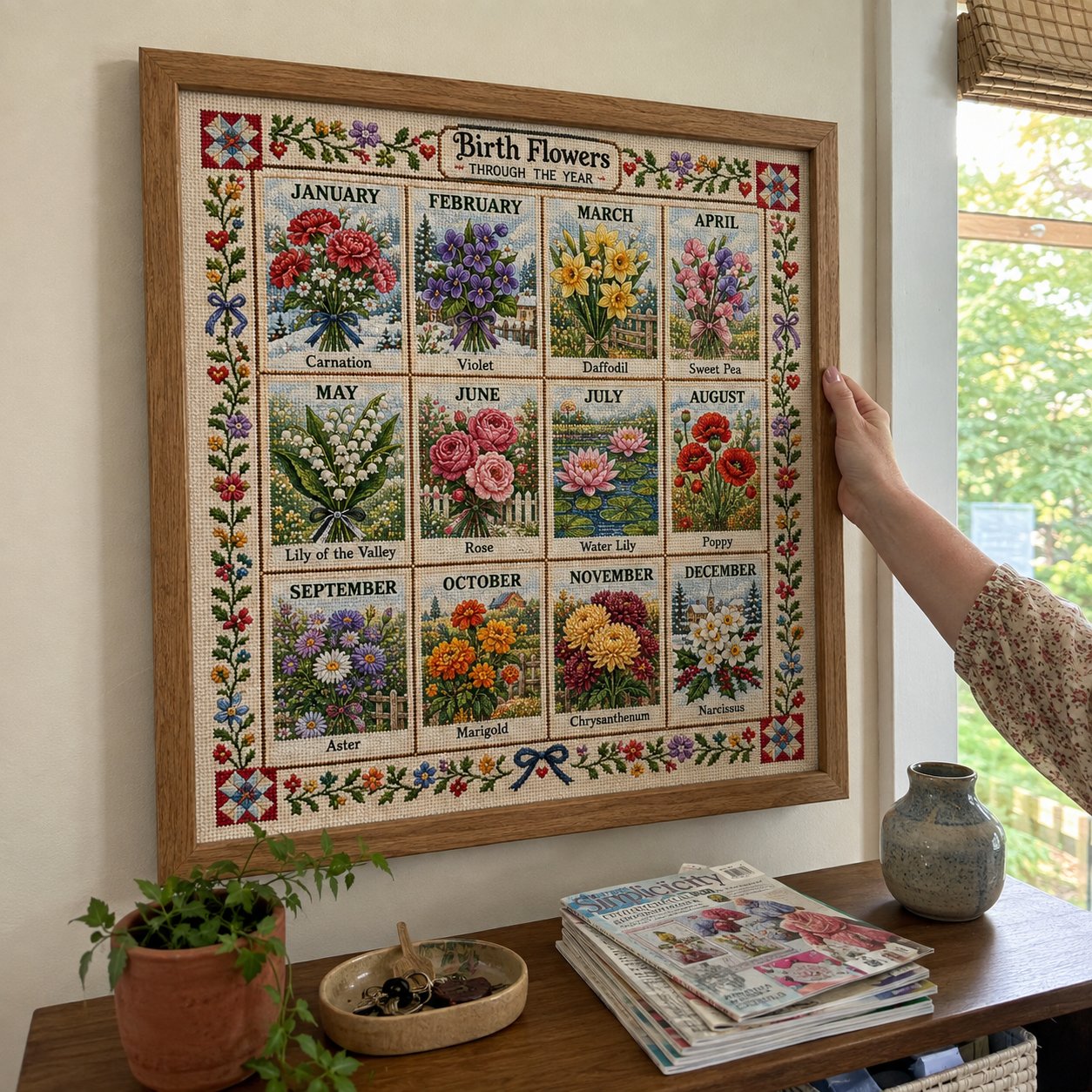 Customer displaying the framed Birth Flowers sampler in her reading corner