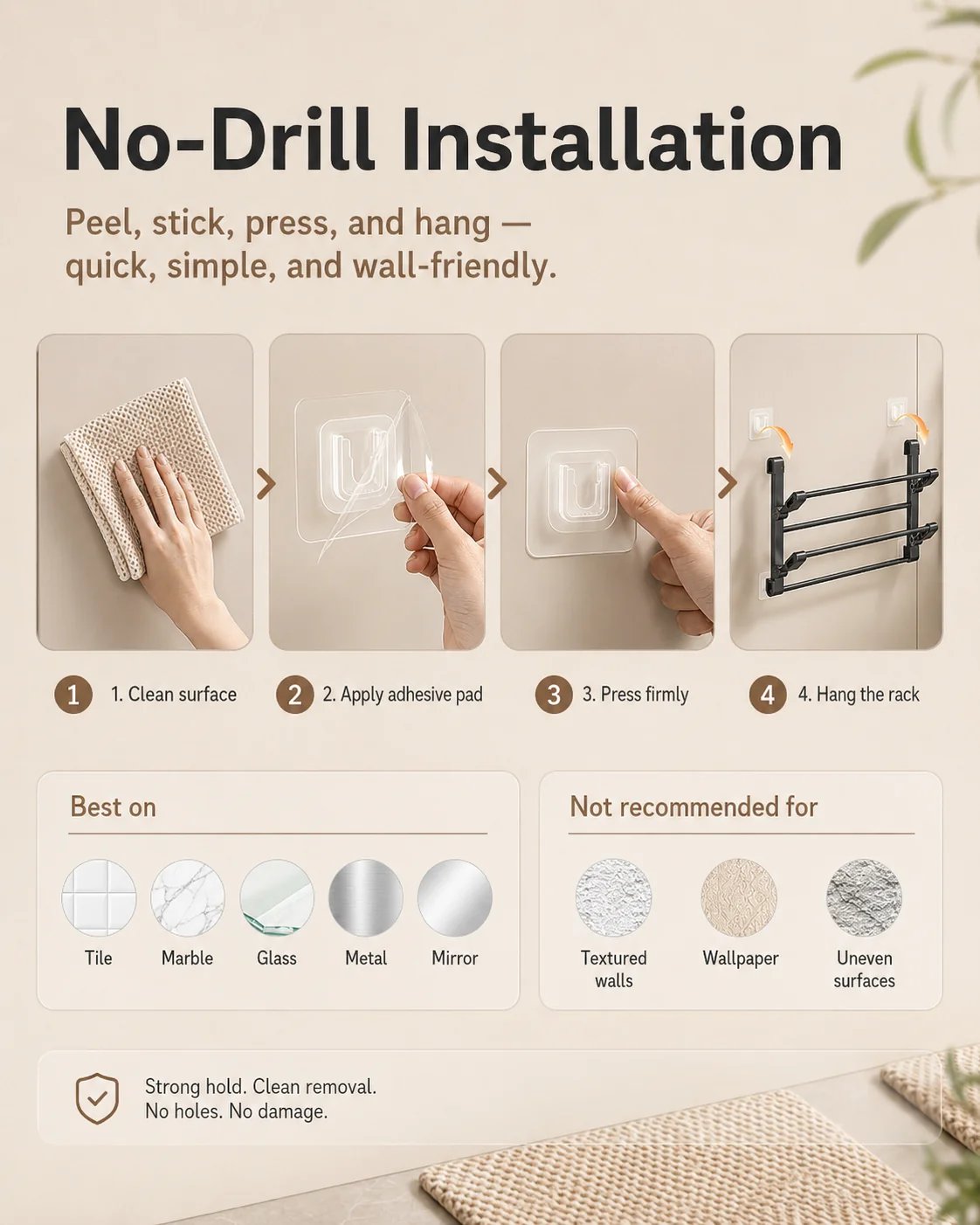 Adhesive installation of wall-mounted slipper rack
