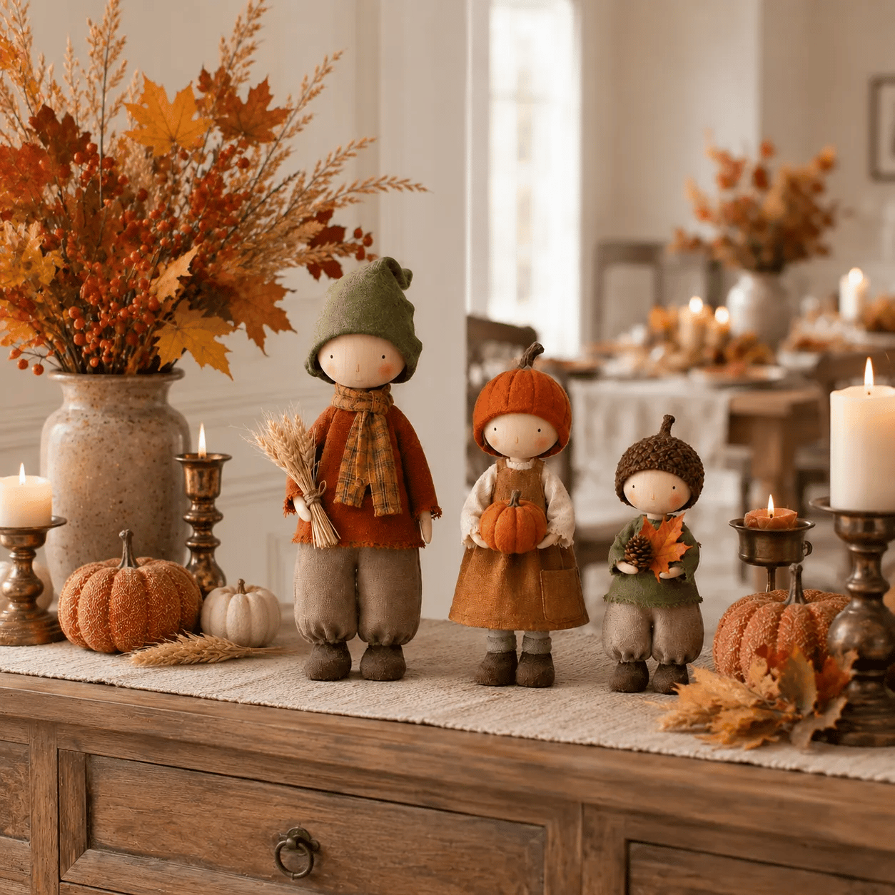 Drie verschillende herfstfiguren met verschillende hoogtes en oogstdetails