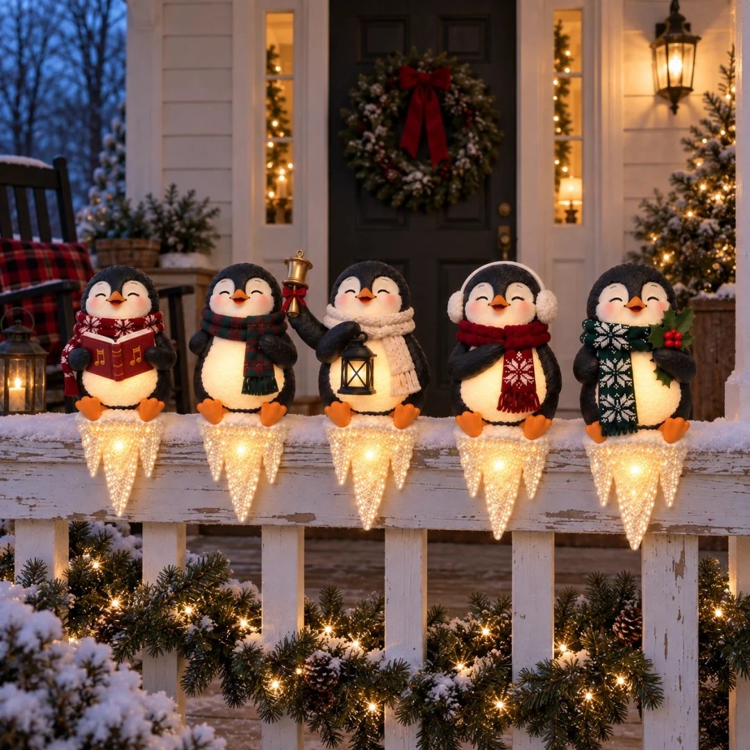Lighted Penguin Icicle Window Ledge Set