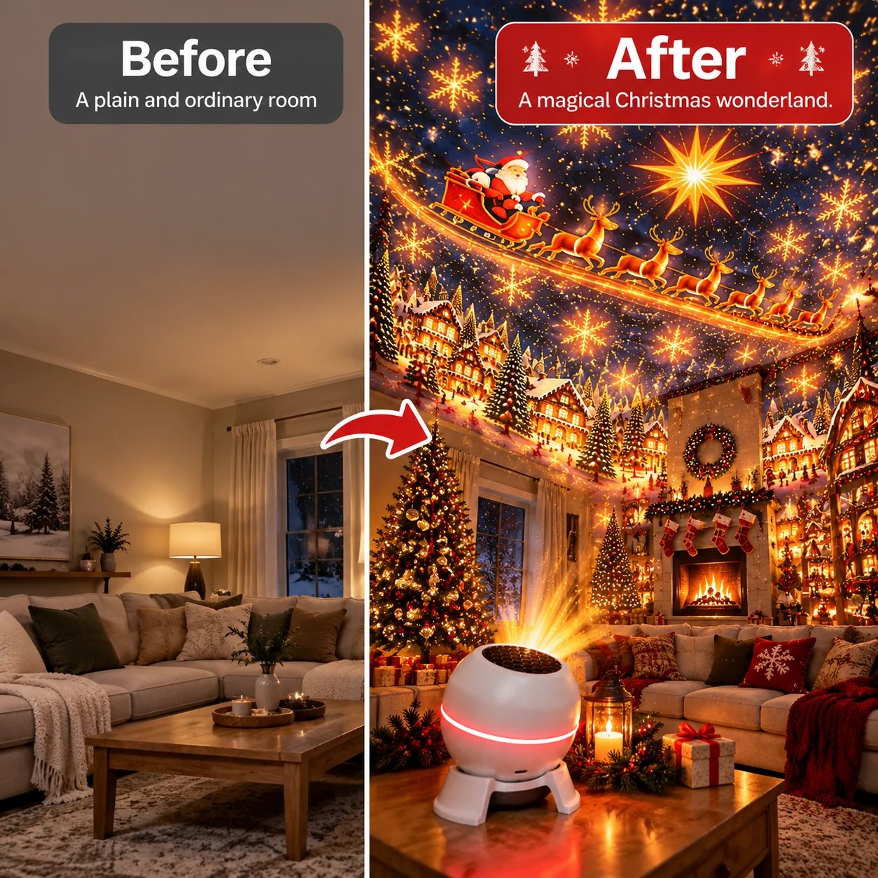 Before and after Christmas room transformation using projector light