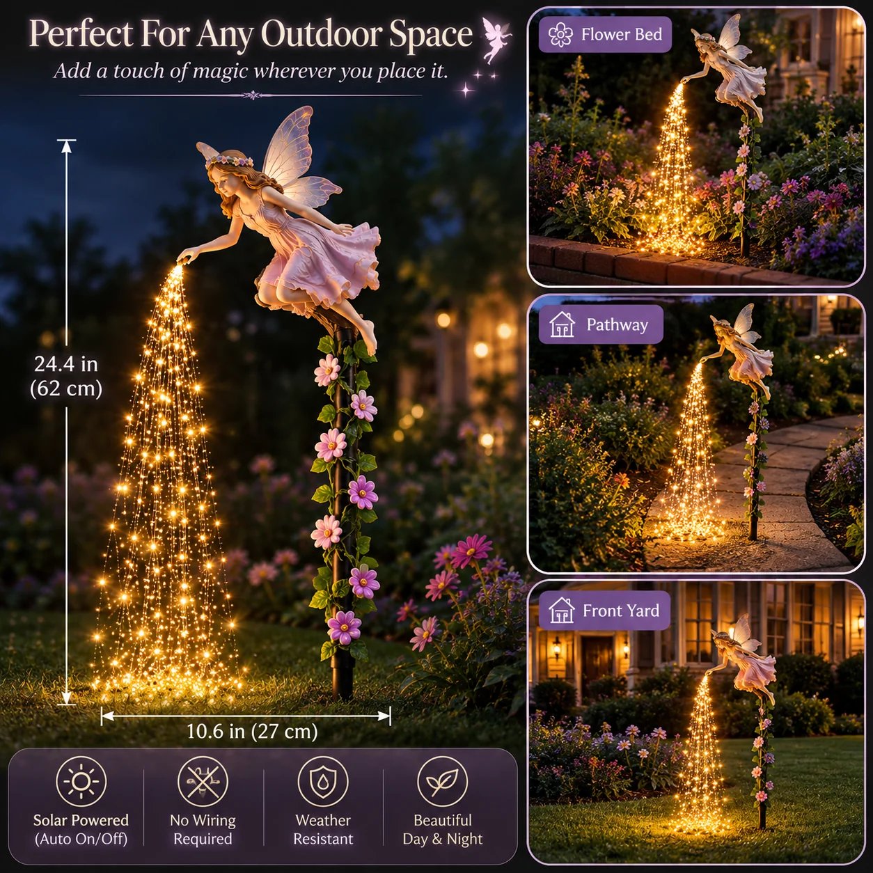 Fairy garden light in flower bed pathway and front yard