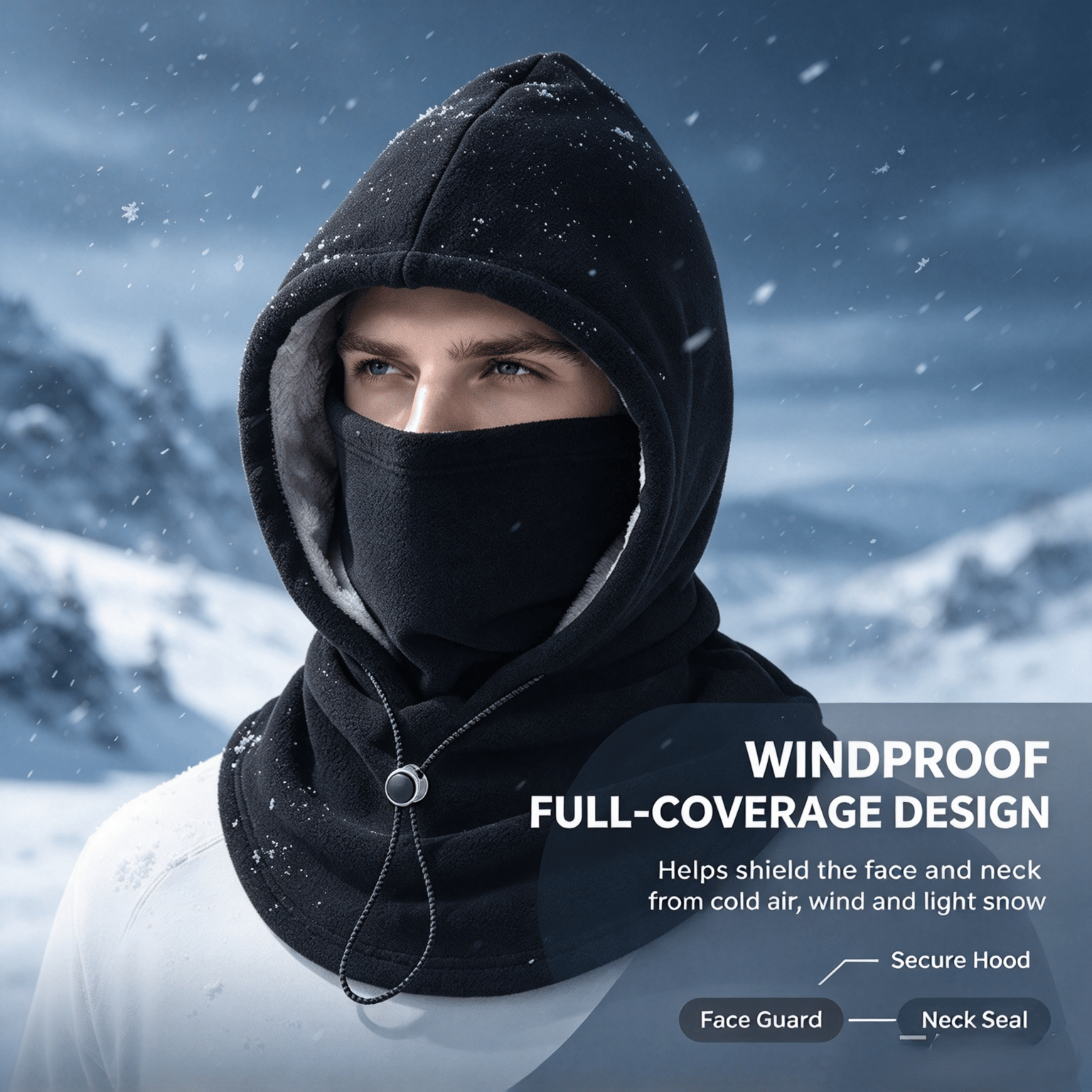 Winter hood and face covering worn outdoors in falling snow