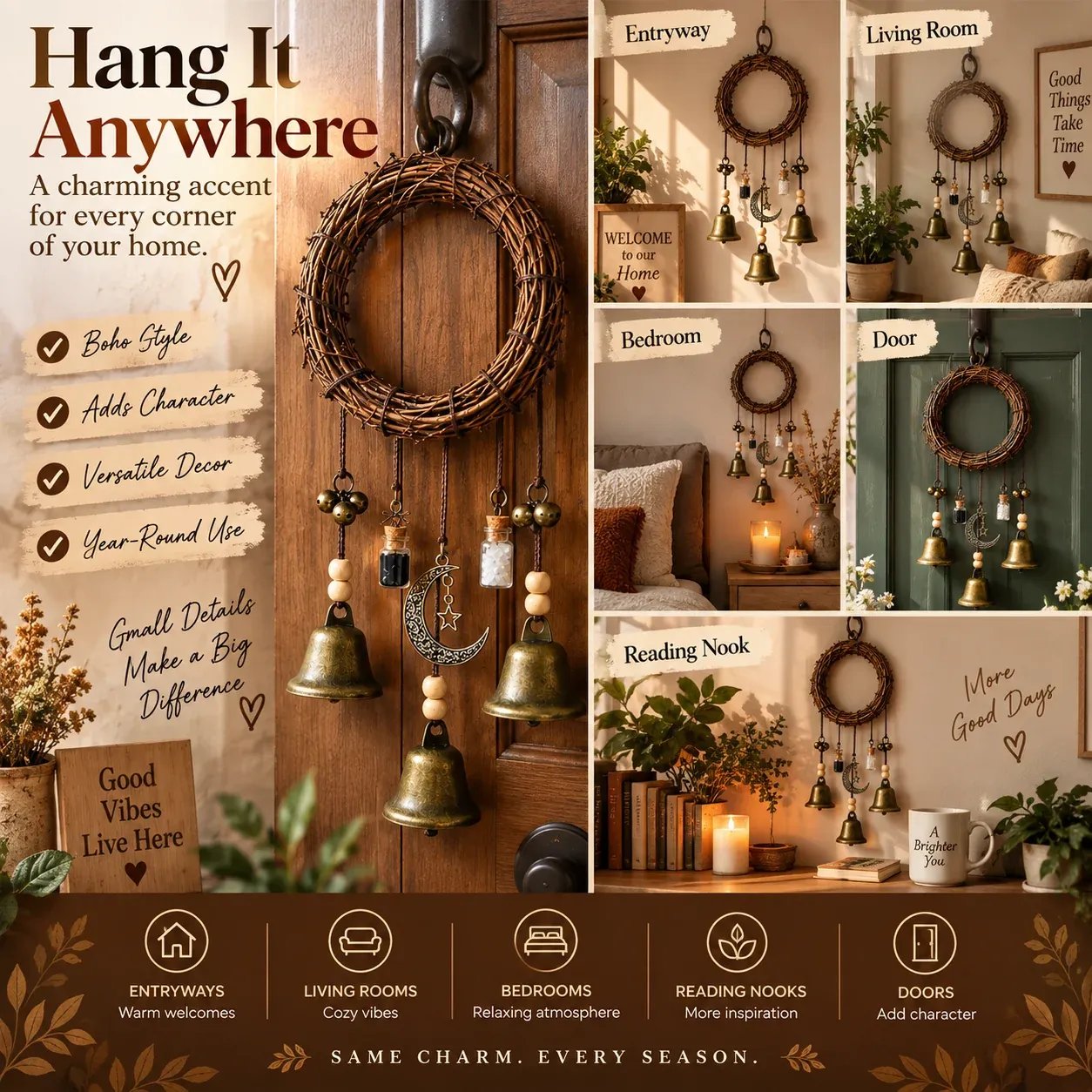 🌙🔔 Boho Moon & Bell Hanging Decor – Rustic Celestial Charm detail view 2