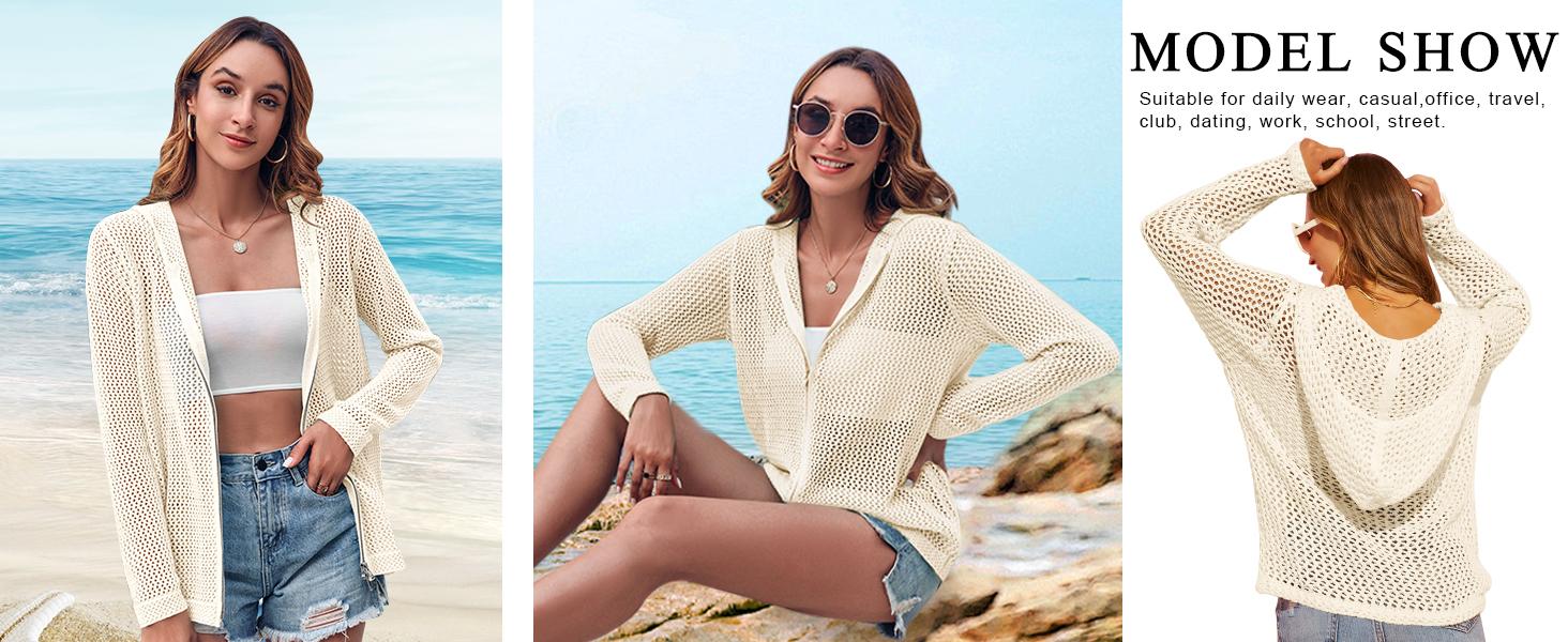 Saodimallsu Women's Crochet Lightweight Cardigan Zip Up Hooded Long Sleeve Knit Sweater Mesh Beach Swim Cover Up for Summer SpringStatements Swimsuit Coverup