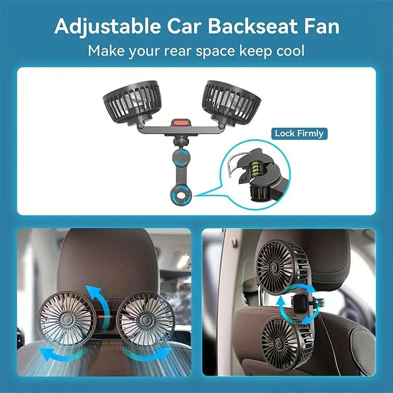 Product Introduction of Father's Day Gifts, Mother's Day Gift, Adjustable Car Backseat Fan, 1 Count Summer Essential Double-head Electric Fan with Seat Clip, Strong Wind Rear Seat Back 360 Degrees Rotation Large Air Volume Fan, Men Gifts, Car Ventilation Tools 73