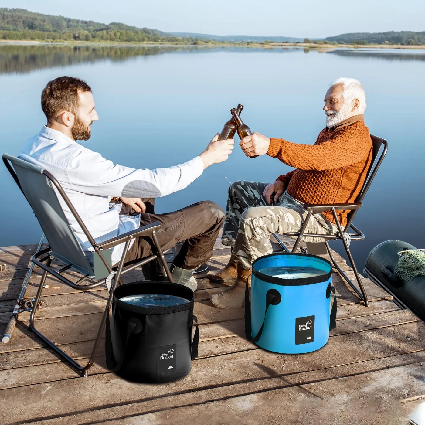 Portable foldable bucket used during a fishing trip