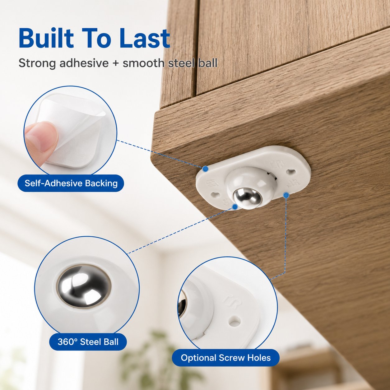 Self-adhesive mini caster wheel installation method