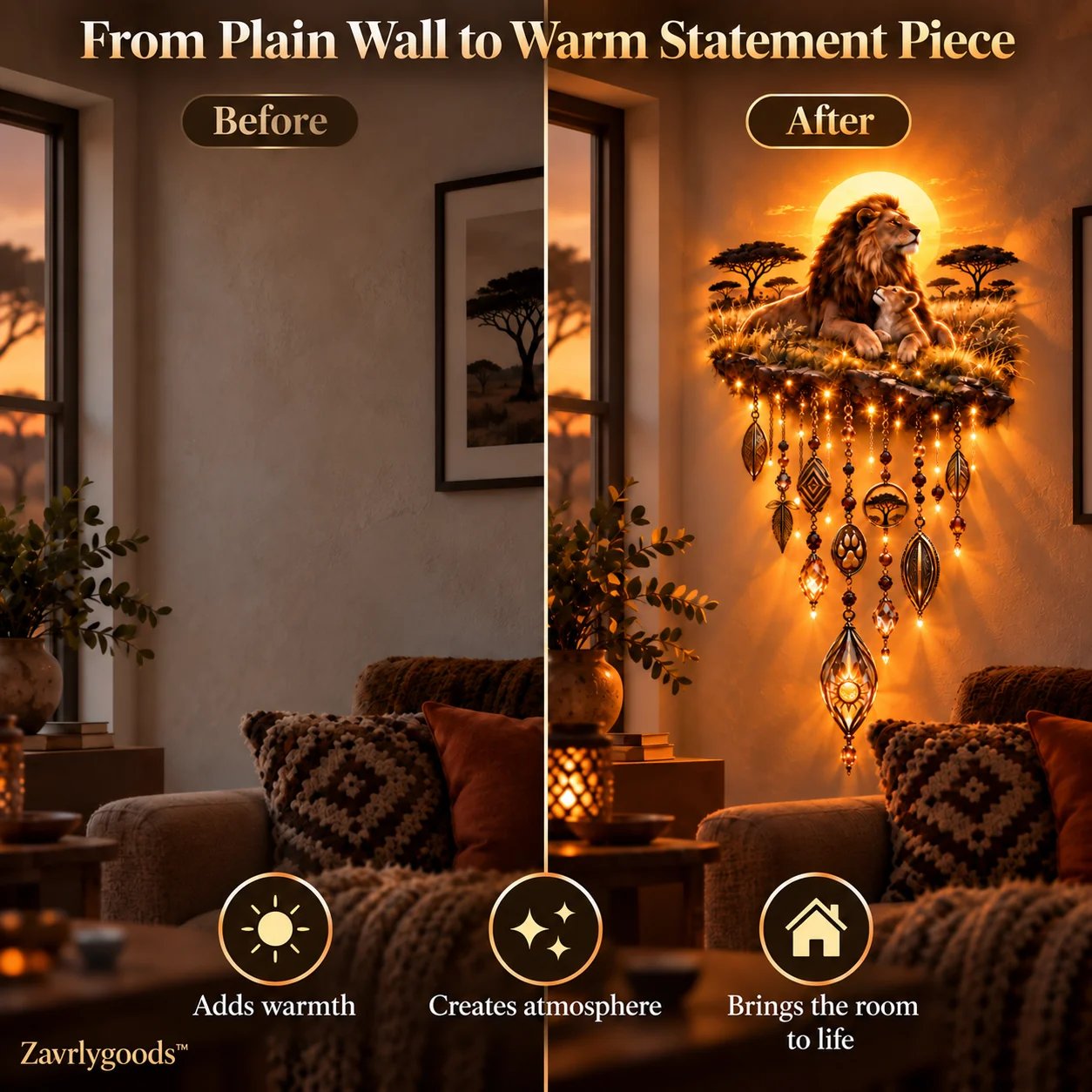 Lion and cub illuminated wall decor focal point
