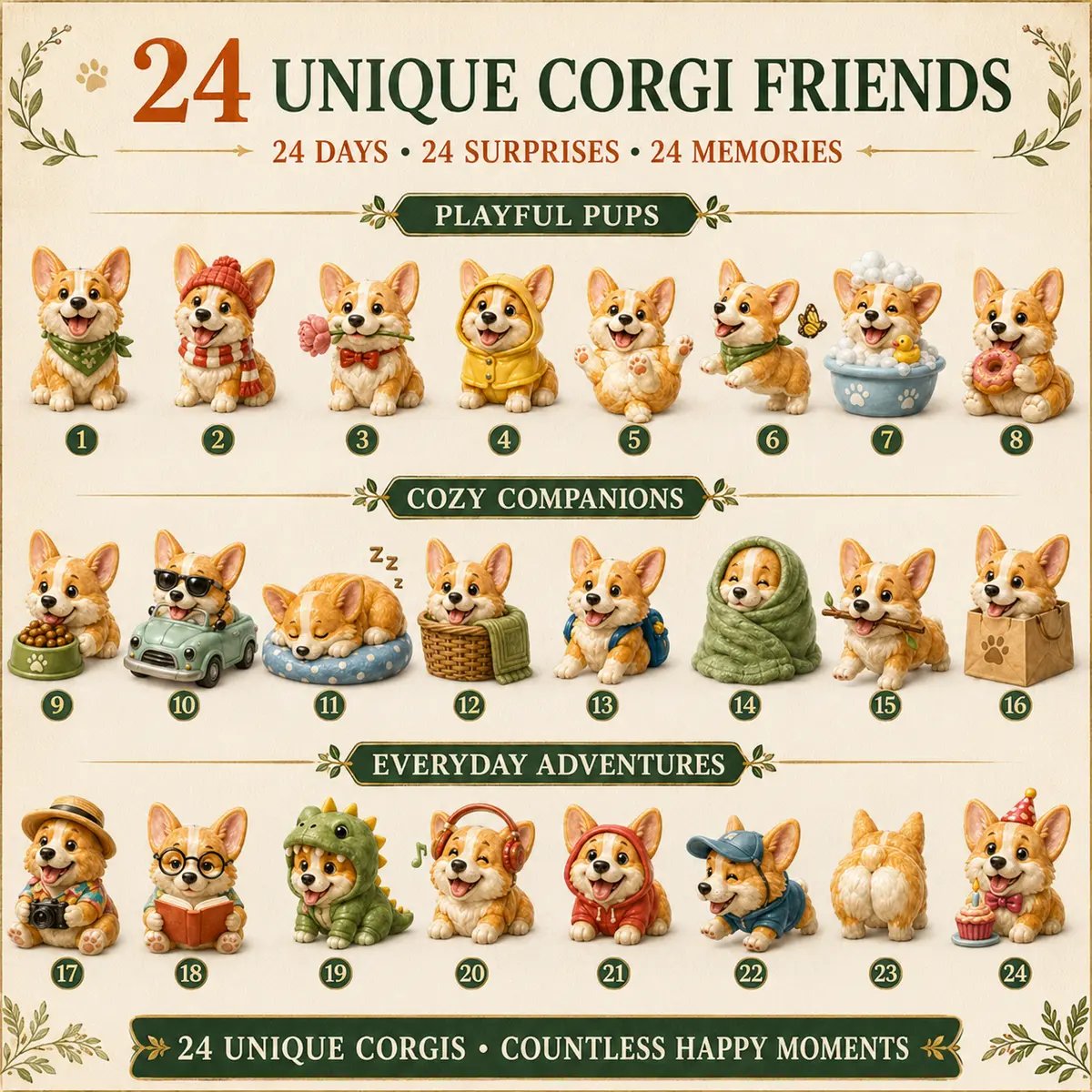 A detailed Corgi ornament held close in front of the calendar and the rest of the collection