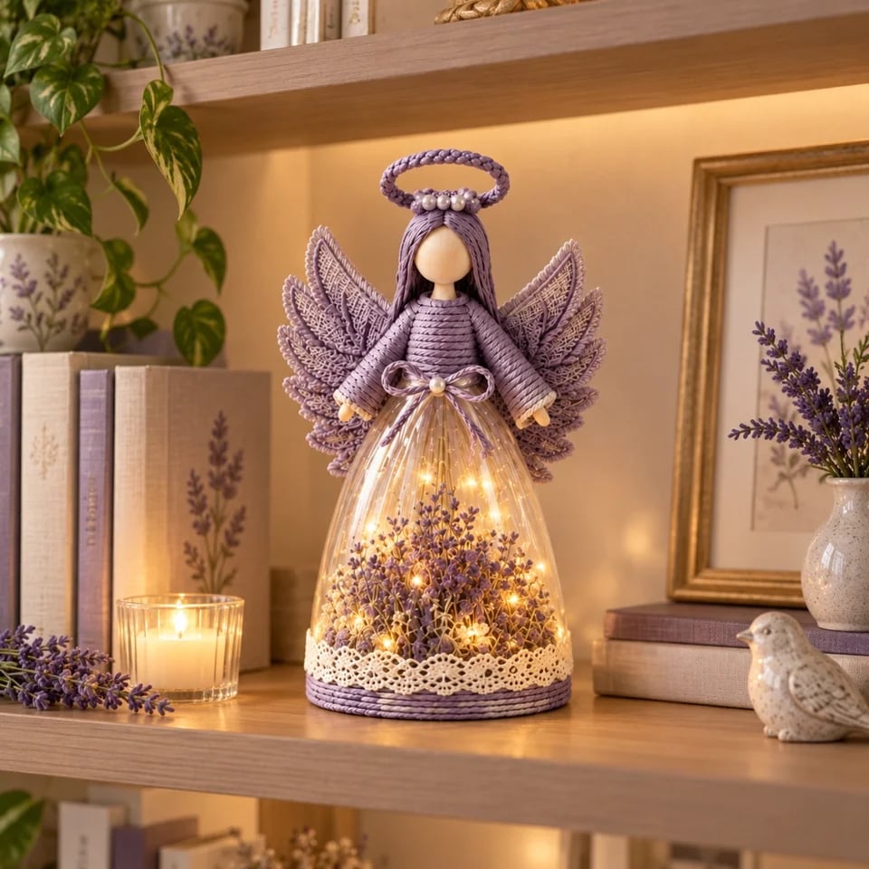 Leuchtende florale Engel-Figur in Lavendel auf einem Tisch